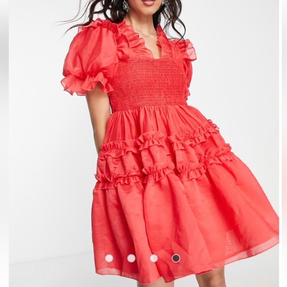 Dream Sister Jane short sleeve organza puff mini dress bridesmaid in red medium